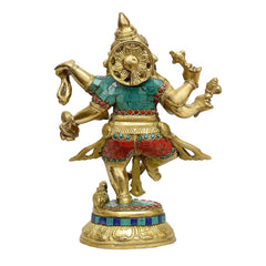 Brass Ganesha idol side view, six hands in dance, colorful gemstone inlay details