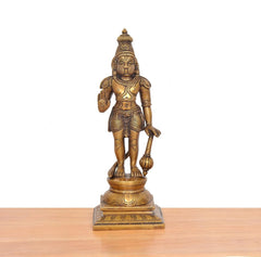 Hanuman ji brass standing figurine with carved pedestal base and decorative belt