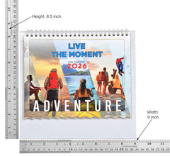 2026 desk calendar size 8.5 x 9 inch (height and width labels) with adventure cover