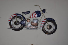 Iron motorcycle wall art showpiece in blue, red, and silver with star-and-stripe decals