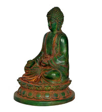 Side view green brass Buddha statue, detailed robe pattern and halo-like head
