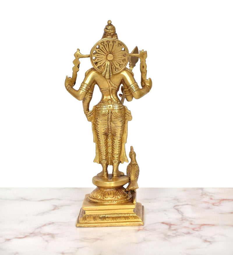 Brass Standing Lord Kartikeya with Peacock Murugan Murti (Height 8 Inch)