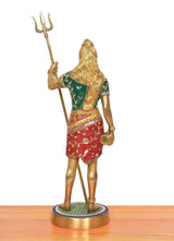 Rear view Bholenath brass standing murti with trident, multicolored outfit