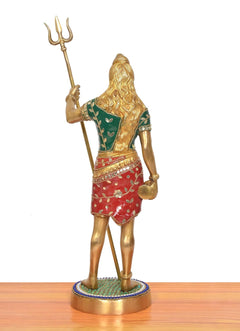 Rear view Bholenath brass standing murti with trident, multicolored outfit