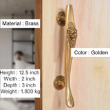 Gold brass door pull handle set with lion face motif on circular rosettes