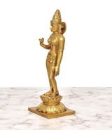 Brass Devi Uma Parvati statue, side profile with raised blessing hand