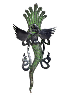 Green brass Naga statue with cobra hood, black wings, and intricately detailed torso