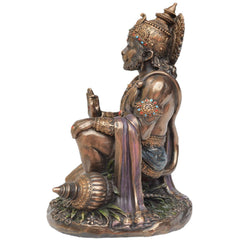 Bronze Lord Hanuman statue, 7.5 in, three-quarter view with raised palm and stacked bracelets