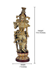 Brass Radha Rani statue with size markings, full figure on pedestal base