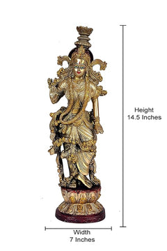 Brass Radha Rani statue with size markings, full figure on pedestal base