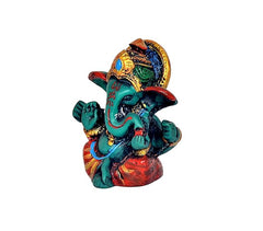 Side view Ganesha resin idol statue, teal face with blue details and red base