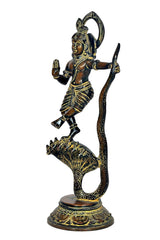 Brass Krishna dancing on Kaliya serpent, hand raised, ornate fan-like base