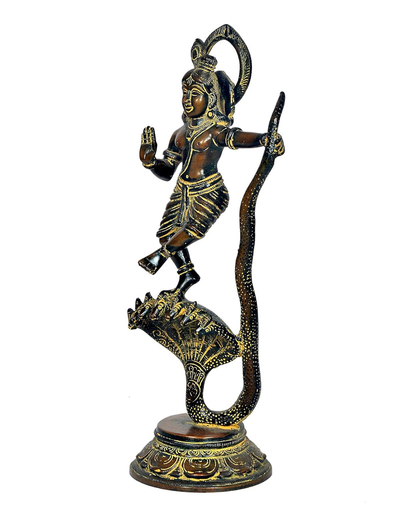 Brass Krishna Bhagwan Murti Dancing on Kaliya Naag - Religious Statue for Home Temple Pooja Mandir Office Decor (Height 13 Inch)