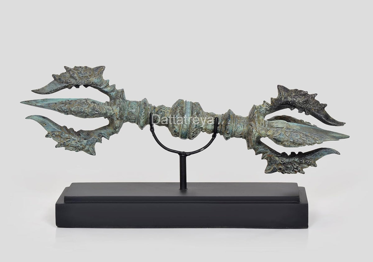 Vintage Indonesian Bronze Tibetan Buddhist Eight Pronged Small Dorje with wooden base (Height 7.5 inch)