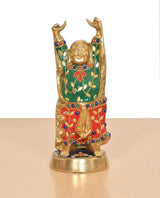 Brass laughing Buddha statue standing with raised hands and green/red patterned robe