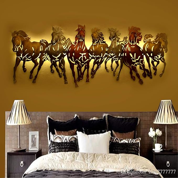 7 Seven Running Horse Vastu Framed Wall Hanging Iron Showpiece Prosperity Wealth Good Luck Multicolour Height 13 Inches