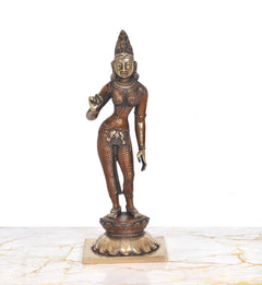 Brass standing Uma Parvati figurine, detailed crown and jewelry, full-body view