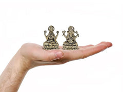 Brass Lakshmi & Ganesha mini idols in hand, seated on lotus, 2 inch height