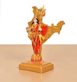 Resin Mother India figurine, deity holding trident, red sari and golden wings, square base