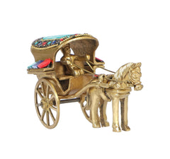 Brass horse cart ornament, view from right side, horse harness and jeweled roof
