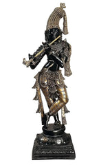 Messing-Idolstatue von Krishna Murti, schwarz-gold, stehende Pose mit Flöte