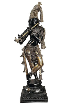 Messing-Idolstatue von Krishna Murti, schwarz-gold, stehende Pose mit Flöte