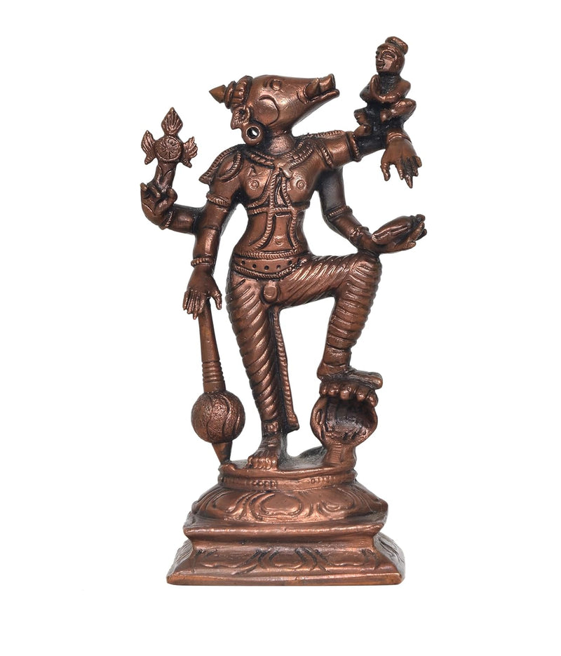 Copper Varaga Lakshmi Varaha Carrying Bhudevi Statue for Home, Mandir Pooja Decor Idol (Height: 5.5 Inch)