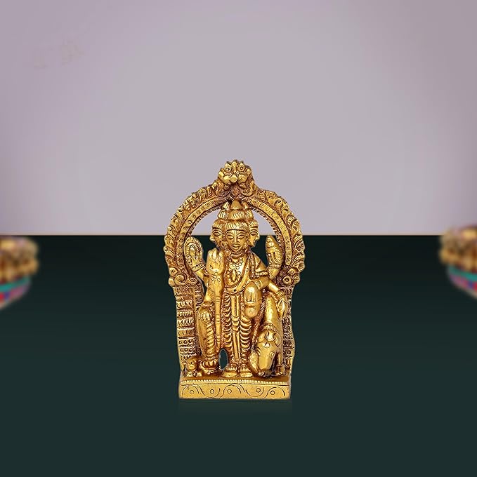 Brass Trimurti idol of Brahma, Vishnu, Mahesh with ornate arch, 3.3 inch