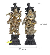 Radha Krishna brass sculpture set, 29 in height, on ornate black pedestal