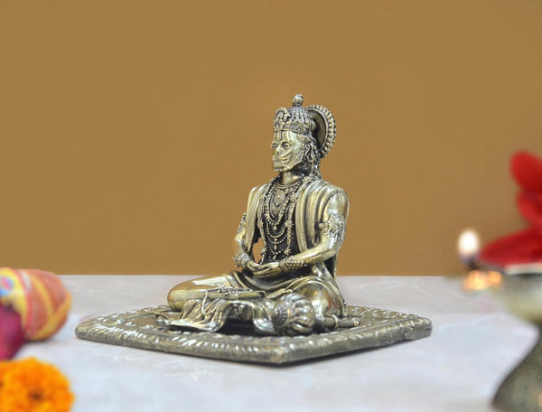 Superfine Brass Hand Carved Meditating God Hanuman with Ramayan Idol Sculpture Statue (Height: 4 Inch) Study Setting