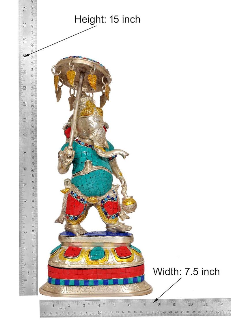 Brass Ganesha Holding Parasol in One Hand Statue Idol Sculpture Statue for Home Decor Pooja Mandir (Height: 15 Inch)