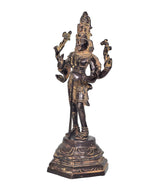 Brass Shiva statue side view, four arms holding tridents, ornate pedestal base