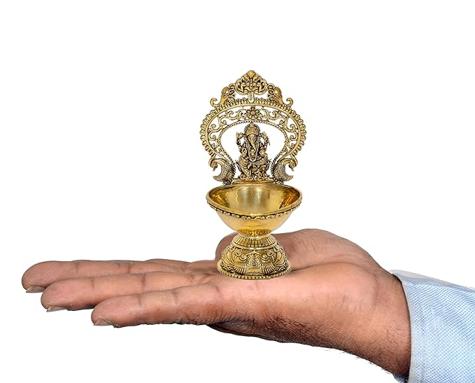 Fine Bronze Ganesh Diya Oil Lamp for Diwali Pooja Gift Decoration Showpiece (Height 5.5 Inch)