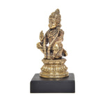 Angle view Ayyappan swami brass seated statue with raised hand, on black base