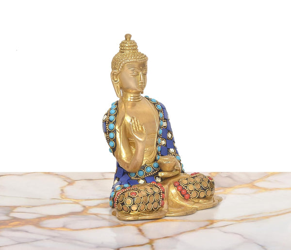 Brass Abhaya Mudra Buddha Idol (Height: 6.5 Inch) Study Setting
