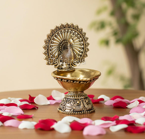 AONA Bronze Oil Lamp On Peacock Showpiece