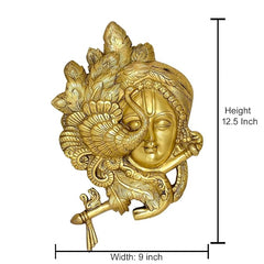 Golden Krishna metal wall idol with dimensions, flute-playing face and crown details
