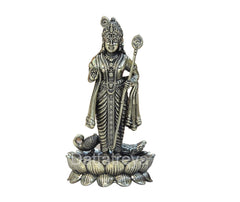 Standing Kartikeya Murugan brass idol with lotus base and peacock detail, 4 inch