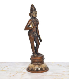 Brass Devi Uma Parvati statue, three-quarter view with headdress and back ornament details