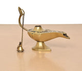 Brass Aladdin genie lamp, side profile with chain and small conical top piece