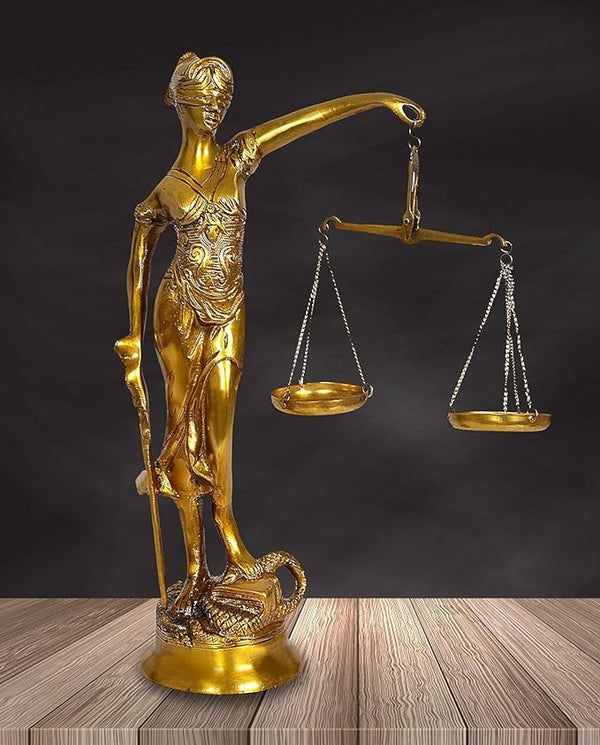 Brass Justice Lady Blind Folded Idol Nyay Murti Figurine Sculpture Office Home Court Golden Height 13.5 Inch Mandir Setting