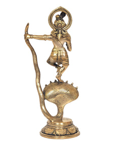Brass Krishna dancing on Kaliya Naag, back/side view with ornate halo crown