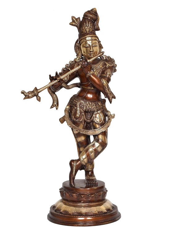 Brass Krishna Playing Flute Idol Statue Sculpture for Home Mandir Pooja Decor Temple Gift (Height 22 inch) Entryway Setting