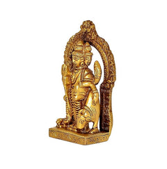 Brass Trimurti idol side view with arched back ornament and raised hand, 3.3 in