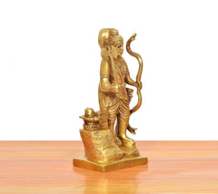 Gold brass Parshuram murti figurine, back side view with raised staff and base details