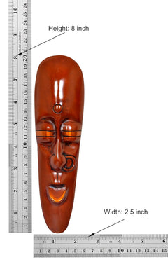 8-inch copper-brown tribal face wall hanging plaque, dimensions shown