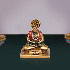 God Hanuman JI sitting statue idol in multicolor resin with gold pedestal and folded hands