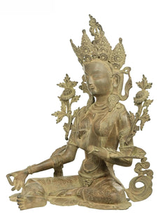 Brass Tara Devi seated idol, side profile, detailed robe and beaded ornaments
