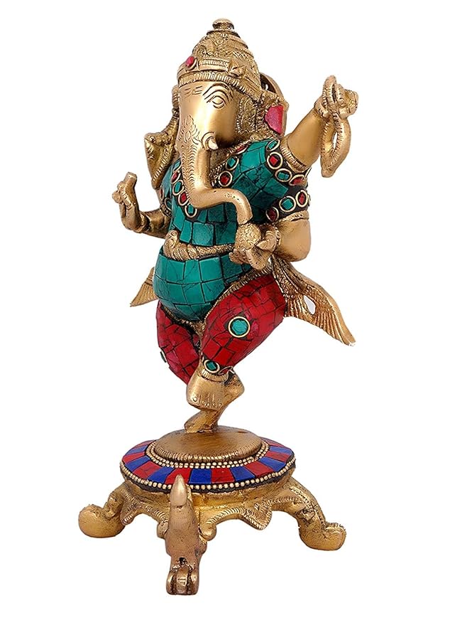 Brass Dancing Ganesha Idol Showpiece for Home Warming Good Luck Multicolour Height 8.2 Inches