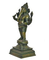 Brass Lord Ganesha idol side view, four arms raised, ornate base, 18 in